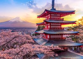 Lais Puzzle - Fujiyoshida, Japan Schöne Aussicht auf den Mount Fuji und die Chureito-Pagode bei Sonnenuntergang, Japan im Frühling mit Kirschblüten - 100, 200, 500 & 1.000 Teile