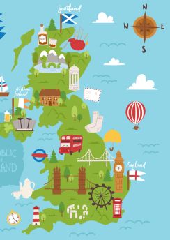 Lais Puzzle - Vereinigtes Königreich Großbritannien und Nordirland Karte Reise Stadt Tourismus Transport auf blauen Ozean Europa Kartographie und nationale Wahrzeichen - 200, 500 & 1.000 Teile
