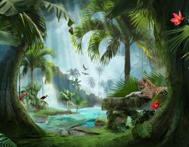 Lais Puzzle - Wunderschöner Blick auf eine Lagune des Dschungels mit Jaguar, Palmen und tropischen Blättern - 40 Teile
