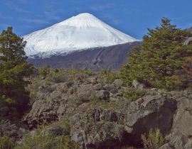 Lais Puzzle - Der schneebedeckte Gipfel des Vulkans Antuco (2.979 m) erhebt sich über einem bewaldeten Tal im Nationalpark Laguna de Laja in der Bio-Bio-Region von Chile - 40 Teile