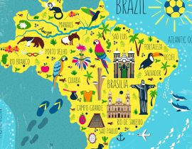 Lais Puzzle - Brasilien illustrierte Landkarte, Südamerika, mit Wahrzeichen, Museum, Kirche, traditionellem Essen, brasilianischem Karneval, Tieren und Blumen - 40 Teile