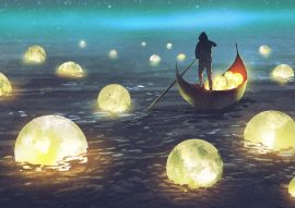 Lais Puzzle - Nachtlandschaft eines Mannes, der ein Boot inmitten vieler glühender Monde rudert, die auf dem Meer schwimmen, digitale Kunst, Illustrationsmalerei - 100, 200, 500 & 1.000 Teile