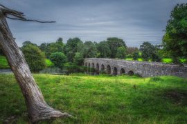Lais Puzzle - Alte Bective Bridge aus dem 12. Jahrhundert mit Steinbogen über den Fluss Boyne mit großem Baumstamm, umgeben von grünen Feldern und Wäldern, Grafschaft Meath, Irland - 2.000 Teile