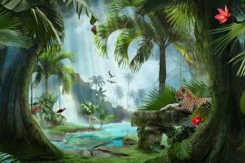 Lais Puzzle - Wunderschöner Blick auf eine Lagune des Dschungels mit Jaguar, Palmen und tropischen Blättern - 2.000 Teile