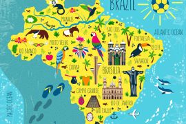 Lais Puzzle - Brasilien illustrierte Landkarte, Südamerika, mit Wahrzeichen, Museum, Kirche, traditionellem Essen, brasilianischem Karneval, Tieren und Blumen - 2.000 Teile