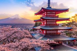 Lais Puzzle - Fujiyoshida, Japan Schöne Aussicht auf den Mount Fuji und die Chureito-Pagode bei Sonnenuntergang, Japan im Frühling mit Kirschblüten - 2.000 Teile