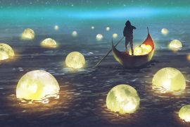 Lais Puzzle - Nachtlandschaft eines Mannes, der ein Boot inmitten vieler glühender Monde rudert, die auf dem Meer schwimmen, digitale Kunst, Illustrationsmalerei - 2.000 Teile