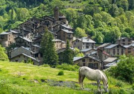 Lais Puzzle - Pferd auf der Weide vor einem Pyrenäendorf in Andorra - 1.000 Teile