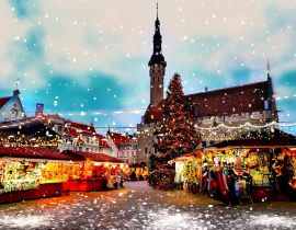 Lais Puzzle - Weihnachten Tallinn Old Town Hall Square Winter Nacht Marktplatz und Baum Lichtdekoration, Urlaub Feier in Europa verschwommen Nacht Licht, Schneeflocken fallen, reisen Estland - 40, 100, 200, 500, 1.000 & 2.000 Teile