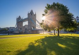 Lais Puzzle - Sonnenaufgang an der Tower Bridge mit Baum und grünem Gras, London, UK - 1.000 Teile