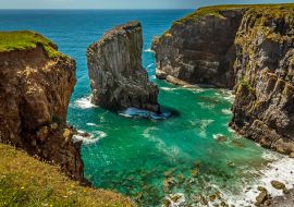 Lais Puzzle - Blick über eine Bucht mit einem vorgelagerten Felsen, der von brütenden Raverbill-Möwen bevölkert wird, an der Küste von Pembrokeshire, Wales, im Sommer - 1.000 Teile
