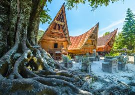 Lais Puzzle - Traditionelle Batak-Häuser in einer Reihe, Baumwurzeln im Vordergrund, orangefarbener Look. Ambarita Dorf, Toba See, Reiseziel in Sumatra, Indonesien - 1.000 Teile