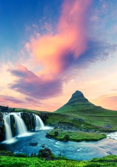 Lais Puzzle - Farbenfroher Sonnenaufgang am Wasserfall Kirkjufellsfoss. Erstaunliche Morgenszene in der Nähe des Kirkjufell-Vulkans, Island - 1.000 Teile