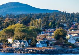 Lais Puzzle - Luftaufnahme der Küstenlandschaft, Häuser in Wohnlage am Meer und Berge am Wasser der Hafenbucht in Victoria, Kanada - 1.000 Teile