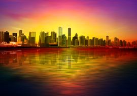 Lais Puzzle - Abstrakter roter Sonnenuntergangshintergrund mit violettem Himmel und Panorama von Vancouver - 1.000 Teile