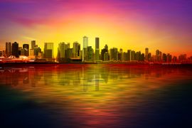 Lais Puzzle - Abstrakter roter Sonnenuntergangshintergrund mit violettem Himmel und Panorama von Vancouver - 2.000 Teile