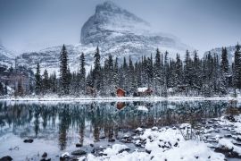 Lais Puzzle - Lake O'hara mit Holzhütte und schneebedecktem Kiefernwald an einem düsteren Tag im Yoho-Nationalpark - 2.000 Teile