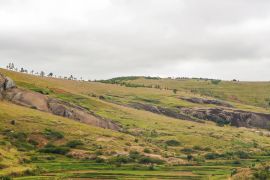 Lais Puzzle - Typische Madagaskar-Landschaft in der Region um Farariana an einem bedeckten Tag. Eher flaches Grasland mit nur wenigen Bäumen, mit einigen Felsen und Hügeln, Reisfelder im Vordergund - 2.000 Teile