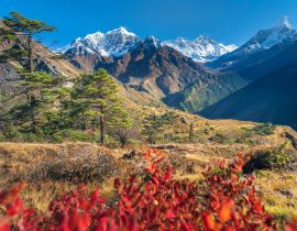 Lais Puzzle - Blick auf das Khumbu-Tal und die Gipfel des Everest und der Ama Dablam durch rote Blätter an einem klaren, sonnigen Tag, Nepal - 40, 100, 200, 500, 1.000 & 2.000 Teile