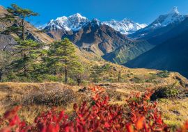 Lais Puzzle - Blick auf das Khumbu-Tal und die Gipfel des Everest und der Ama Dablam durch rote Blätter an einem klaren, sonnigen Tag, Nepal - 1.000 Teile