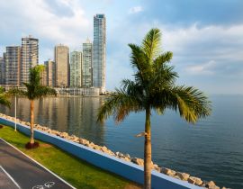 Lais Puzzle - Blick auf das Finanzviertel in der Innenstadt von Panama, Panama, mit einem Radweg und Palmen; Konzept für Reisen in Panama - 40, 100, 200, 500, 1.000 & 2.000 Teile