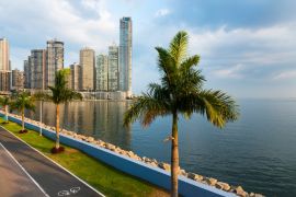 Lais Puzzle - Blick auf das Finanzviertel in der Innenstadt von Panama, Panama, mit einem Radweg und Palmen; Konzept für Reisen in Panama - 2.000 Teile