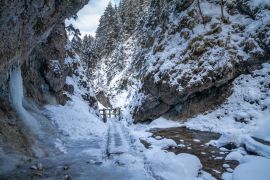 Lais Puzzle - Verschneite Winterlandschaft mit einer Holzbrücke auf einem Wanderweg durch eine enge Schlucht mit Wildbach. Der Nationalpark Mala Fatra in der Slowakei - 2.000 Teile