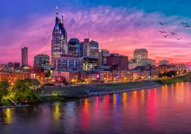 Lais Puzzle - Skyline von Nashvile Tennessee mit rotem Sonnenuntergang und Vögeln - 1.000 Teile