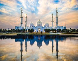 Lais Puzzle - Große Sheikh-Zayed-Moschee und Spiegelung im Springbrunnen bei Sonnenuntergang - Abu Dhabi, Vereinigte Arabische Emirate - 40, 100, 200, 500, 1.000 & 2.000 Teile