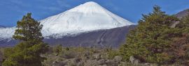 Lais Puzzle - Der schneebedeckte Gipfel des Vulkans Antuco (2.979 m) erhebt sich über einem bewaldeten Tal im Nationalpark Laguna de Laja in der Bio-Bio-Region von Chile, Panorama - 1.000 Teile