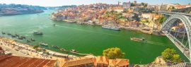 Lais Puzzle - Malerische Stadtlandschaft. Luftaufnahme der Brücke Dom Luis I, der Ribeira Waterfront und der Skyline von Porto von Vila Nova de Gaia, Porto, Portugal aus. Touristenboote auf dem Douro-Fluss bei Sonnenuntergang, Panorama - 1.000 Teile