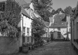 Lais Puzzle - Kleine Straße mit alten kleinen und authentischen Häusern und Blumen im Zentrum von Elburg in den Niederlanden in schwarz weiß - 1.000 Teile