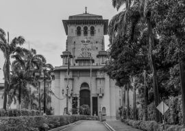 Lais Puzzle - Umgeben von Bäumen und Sträuchern führt der Weg zum Sultan Ibrahim Building in Johor Bahru Malaysia in schwarz weiß - 500, 1.000 & 2.000 Teile