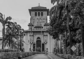 Lais Puzzle - Umgeben von Bäumen und Sträuchern führt der Weg zum Sultan Ibrahim Building in Johor Bahru Malaysia in schwarz weiß - 1.000 Teile