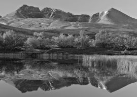 Lais Puzzle - Spiegelung des Berges Rondslottet in einem kleinen See. Rondane-Nationalpark, Norwegen in schwarz weiß - 500, 1.000 & 2.000 Teile