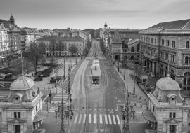 Lais Puzzle - Budapest, Ungarn - Luftaufnahme des Fovam-Platzes und der völlig leeren Straßen am Vamhaz-Boulevard (Vamhaz korut) und der zentralen Markthalle in schwarz weiß - 1.000 Teile