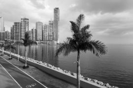 Lais Puzzle - Blick auf das Finanzviertel in der Innenstadt von Panama, Panama, mit einem Radweg und Palmen; Konzept für Reisen in Panama in schwarz weiß - 2.000 Teile