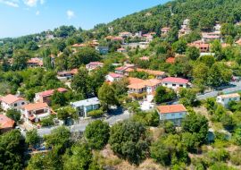 Lais Puzzle - Luftaufnahme des Dorfes Pano Platres, Wintersportort, im Troodos-Gebirge, Limassol, Zypern. Blick aus der Vogelperspektive auf Pinienwald, rote Ziegelhäuser, Hotels, Panagias Faneromenis Kirche von oben - 1.000 Teile