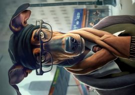 Lais Puzzle - Dobermann mit Brille, Schal, Mantel und Mütze in Stadtszene - 1.000 Teile