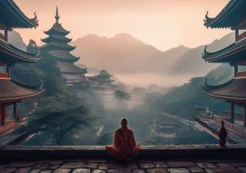 Lais Puzzle - Ein meditierender Mönch vor einem chinesischen Tempel, im Hintergrund neblige Berge - 1.000 Teile