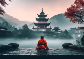 Lais Puzzle - Ein meditierender Mönch vor einem chinesischen Tempel, im Hintergrund neblige Berge - 1.000 Teile
