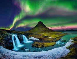 Lais Puzzle - Nordlicht, in Kirkjufell in Island mit Wasserfällen - 1.000 Teile