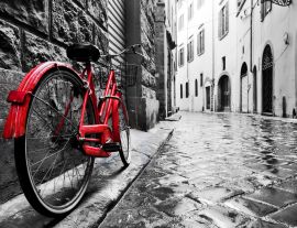 Lais Puzzle - Retro Vintage rotes Fahrrad auf Kopfsteinpflaster Straße in der Altstadt. Farbe in schwarz-weiß - 1.000 Teile