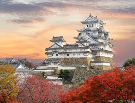 Lais Puzzle - Burg Himeji und rote Ahornblätter im abendlichen Sonnenlicht und Dämmerungshimmel in der Stadt Himeji, Präfektur Hyogo in Japan - 1.000 Teile