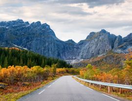Lais Puzzle - Straße in Norwegen, Lofoten-Inseln, goldener Herbst an der Felswand der Berge - 1.000 Teile
