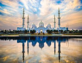 Lais Puzzle - Große Sheikh-Zayed-Moschee und Spiegelung im Springbrunnen bei Sonnenuntergang - Abu Dhabi, Vereinigte Arabische Emirate - 1.000 Teile
