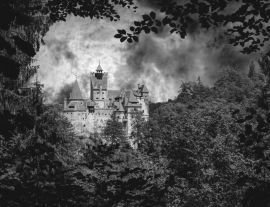 Lais Puzzle - Schloss Bran. Vampir-Residenz von Dracula in den Wäldern von Rumänien in schwarz weiß - 1.000 Teile