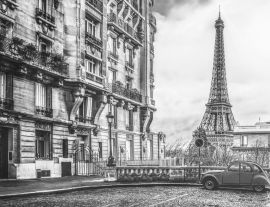 Lais Puzzle - Der Eiffelturm in Paris von einer kleinen Straße aus mit einem roten 2cv-Oldtimer, Frankreich in schwarz weiß - 1.000 Teile