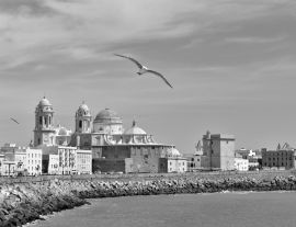 Lais Puzzle - Die Kuppel der Kathedrale von Cádiz (Catedral Nueva) an der Strandpromenade Campo del Sur in Cádiz, Andalusien in schwarz weiß - 1.000 Teile