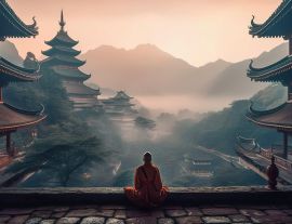 Lais Puzzle - Ein meditierender Mönch vor einem chinesischen Tempel, im Hintergrund neblige Berge - 1.000 Teile